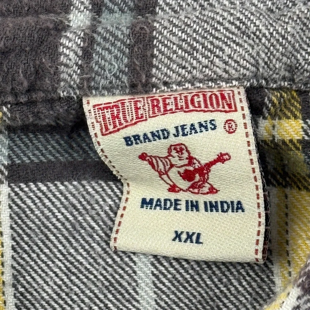 True Religion Shirt‎ Men 2XL XXL Brown Plaid Snap Button Up Flannel Long Sleeve